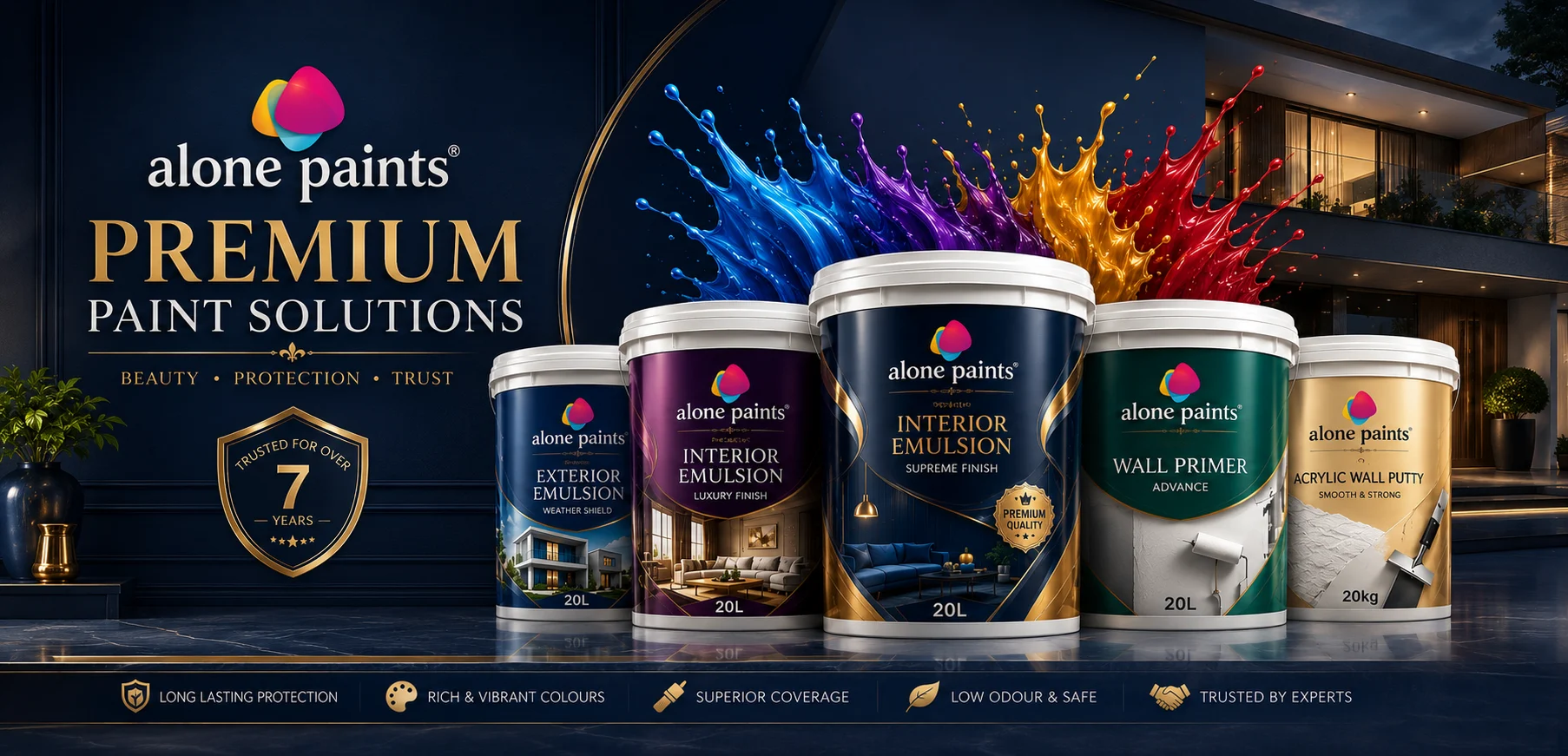 Alone Paints premium paint solutions banner showing exterior emulsion, interior emulsion, wall primer, and acrylic wall putty